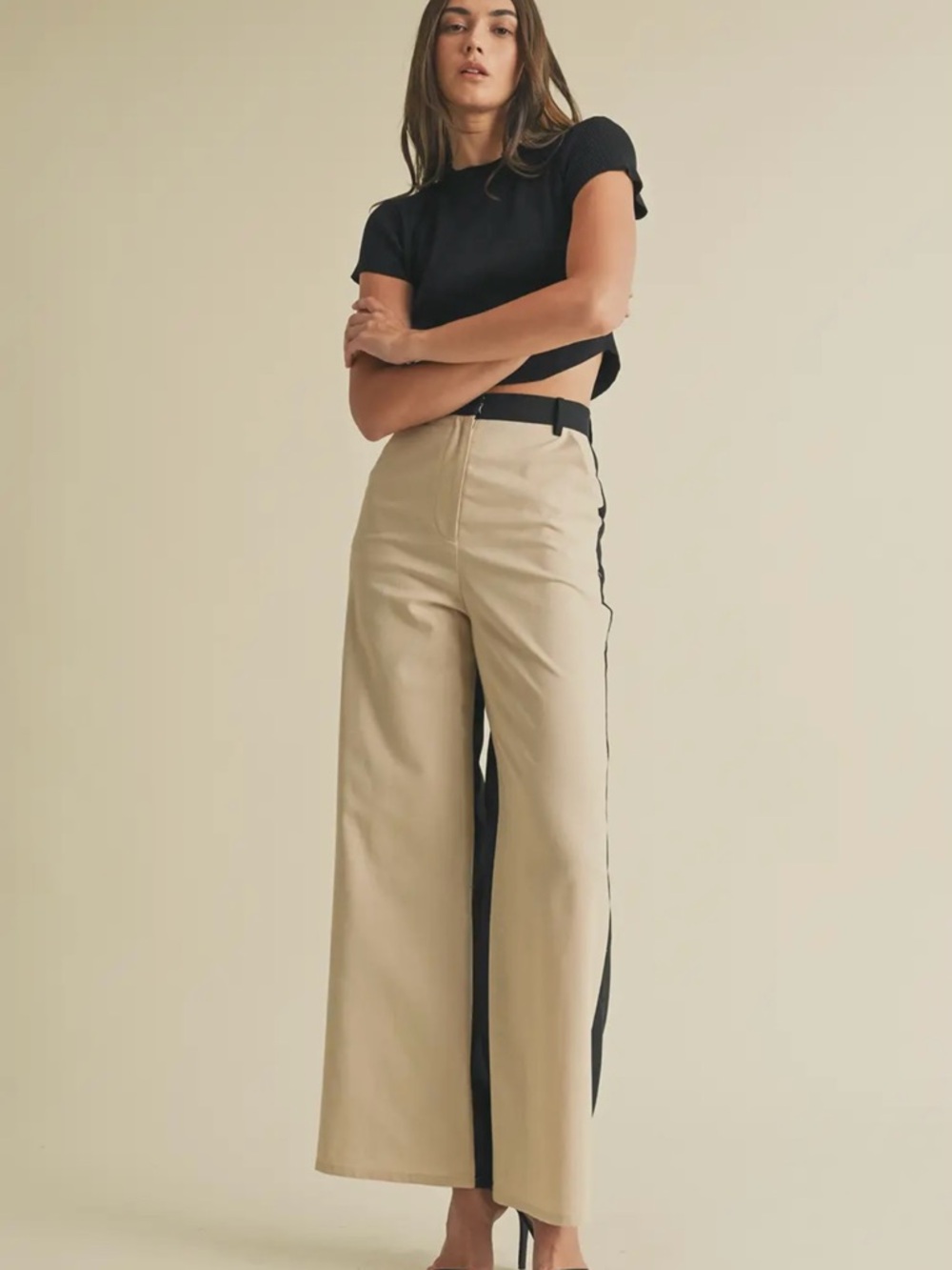 Wide Leg Two-Tone Tuxedo Stripe Pants in Cream and Black